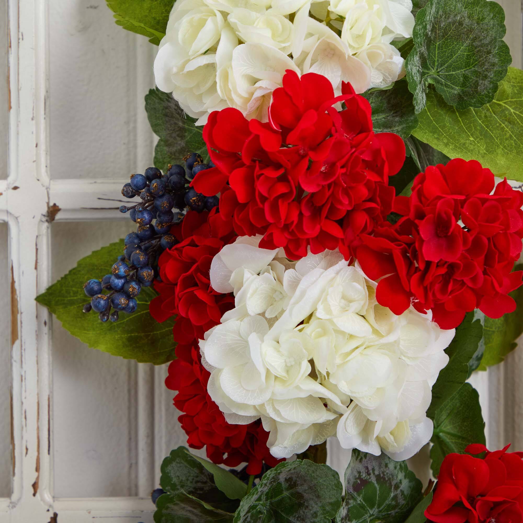 26'' White & Red Geranium with Blueberry Teardrop Swag